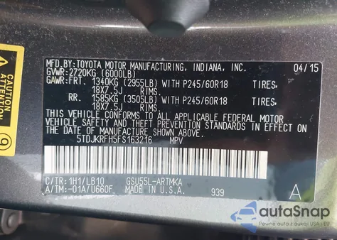 2015 Toyota Highlander Xle V6 из США, поврежденный, VIN 5TDJKRFH5FS163216